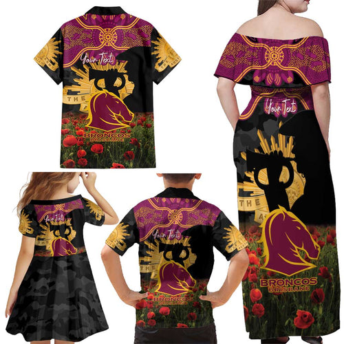 Personalised Brisbane Broncos Rugby ANZAC Day Family Matching Off Shoulder Maxi Dress and Hawaiian Shirt Last Post Poppy We Will Remember Them