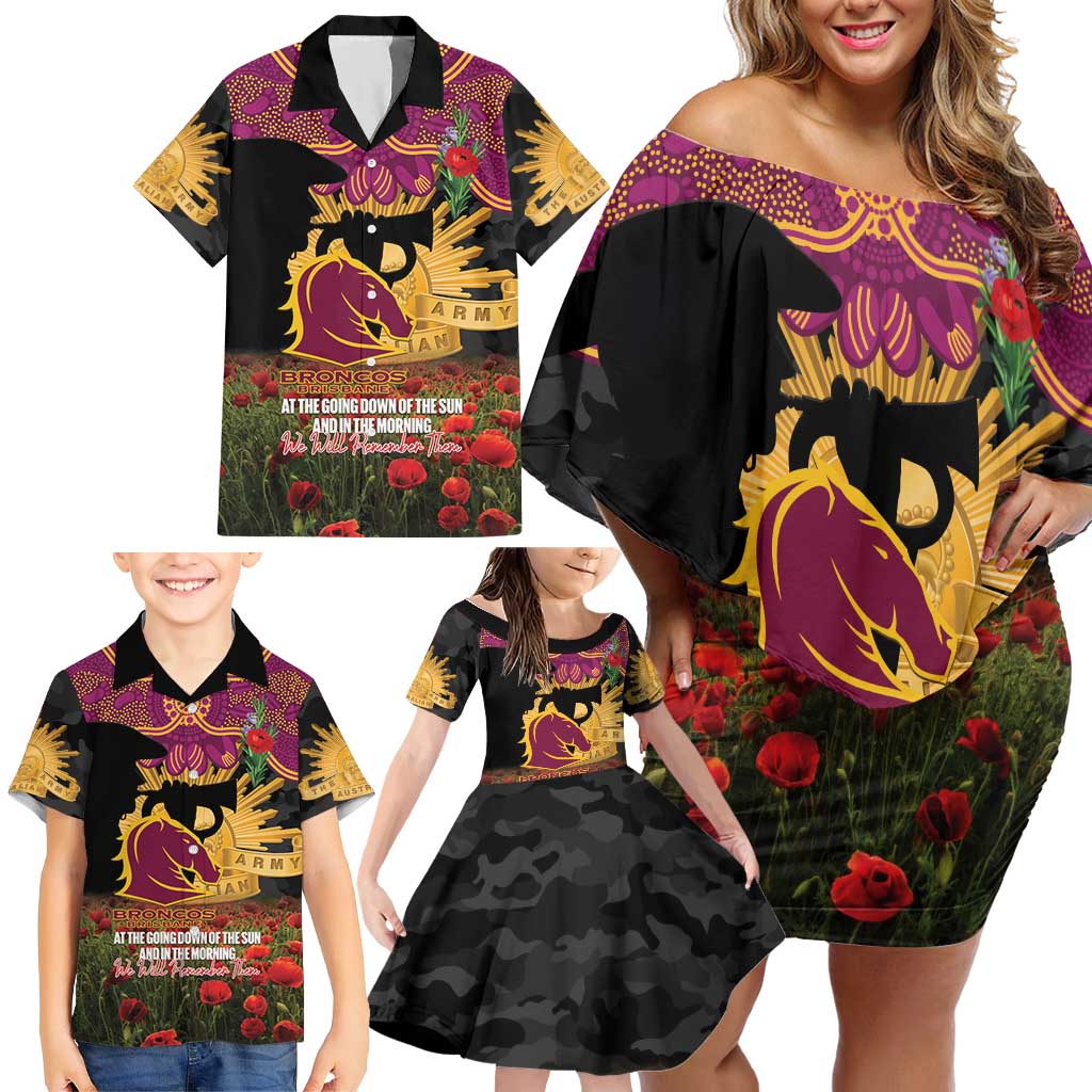 Personalised Brisbane Broncos Rugby ANZAC Day Family Matching Off Shoulder Short Dress and Hawaiian Shirt Last Post Poppy We Will Remember Them