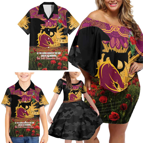 Personalised Brisbane Broncos Rugby ANZAC Day Family Matching Off Shoulder Short Dress and Hawaiian Shirt Last Post Poppy We Will Remember Them