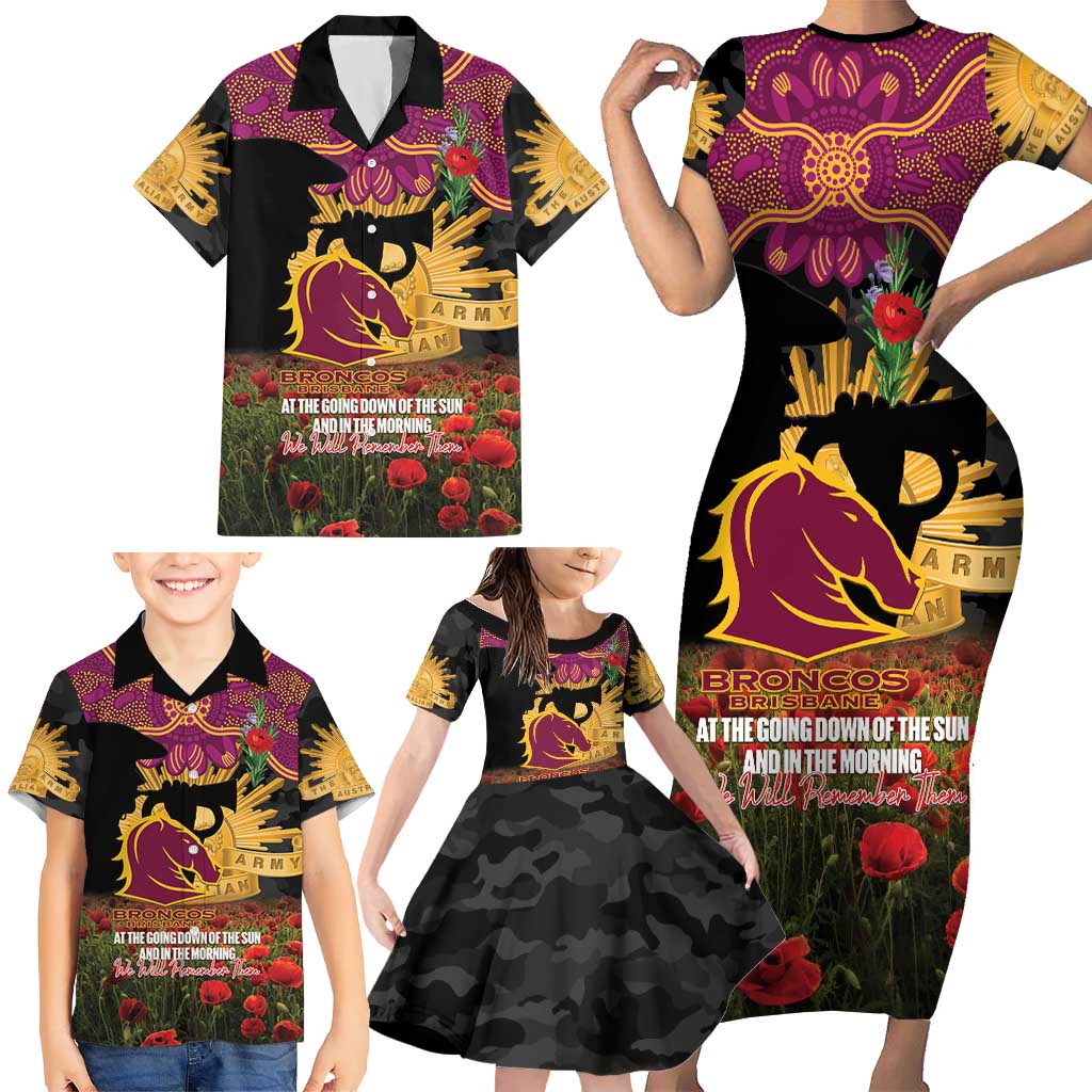 Personalised Brisbane Broncos Rugby ANZAC Day Family Matching Short Sleeve Bodycon Dress and Hawaiian Shirt Last Post Poppy We Will Remember Them