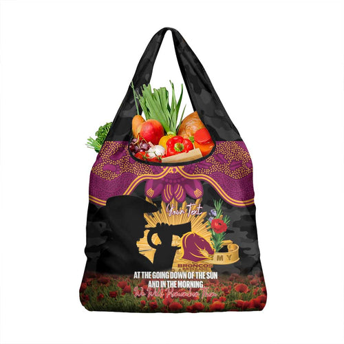 Personalised Brisbane Broncos Rugby ANZAC Day Grocery Bag Last Post Poppy We Will Remember Them