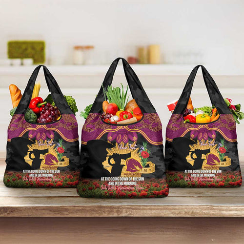 Personalised Brisbane Broncos Rugby ANZAC Day Grocery Bag Last Post Poppy We Will Remember Them