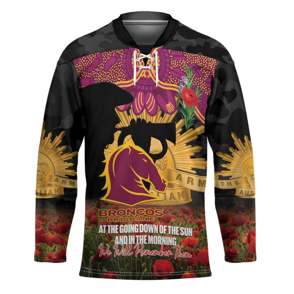 Personalised Brisbane Broncos Rugby ANZAC Day Hockey Jersey Last Post Poppy We Will Remember Them