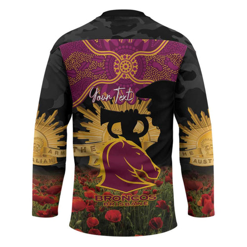 Personalised Brisbane Broncos Rugby ANZAC Day Hockey Jersey Last Post Poppy We Will Remember Them