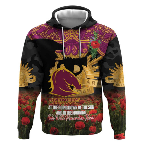 Personalised Brisbane Broncos Rugby ANZAC Day Hoodie Last Post Poppy We Will Remember Them