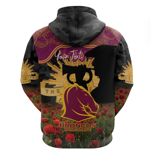 Personalised Brisbane Broncos Rugby ANZAC Day Hoodie Last Post Poppy We Will Remember Them