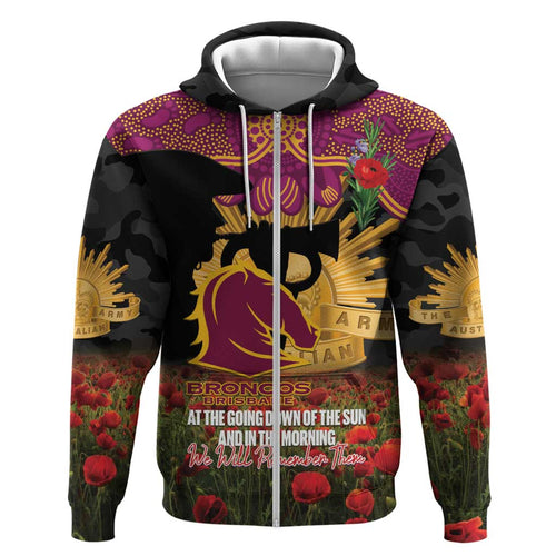 Personalised Brisbane Broncos Rugby ANZAC Day Hoodie Last Post Poppy We Will Remember Them