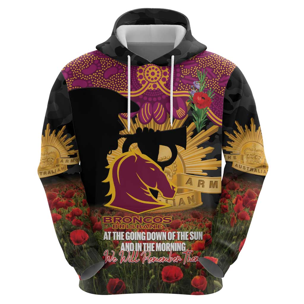 Personalised Brisbane Broncos Rugby ANZAC Day Hoodie Last Post Poppy We Will Remember Them