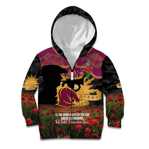 Personalised Brisbane Broncos Rugby ANZAC Day Kid Hoodie Last Post Poppy We Will Remember Them