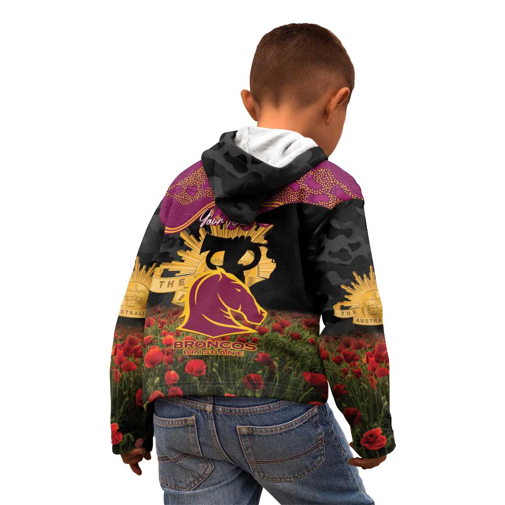 Personalised Brisbane Broncos Rugby ANZAC Day Kid Hoodie Last Post Poppy We Will Remember Them