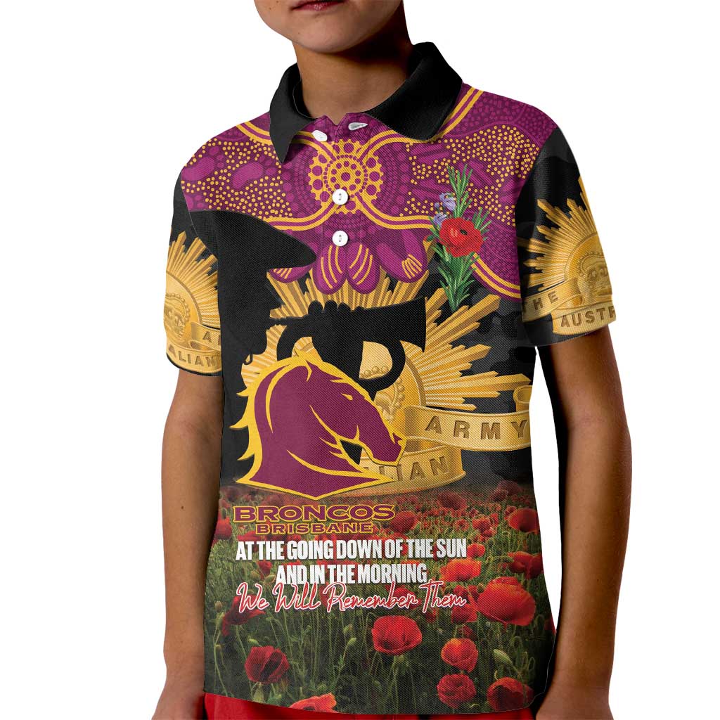 Personalised Brisbane Broncos Rugby ANZAC Day Kid Polo Shirt Last Post Poppy We Will Remember Them