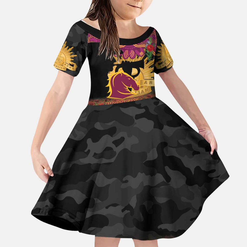 Personalised Brisbane Broncos Rugby ANZAC Day Kid Short Sleeve Dress Last Post Poppy We Will Remember Them