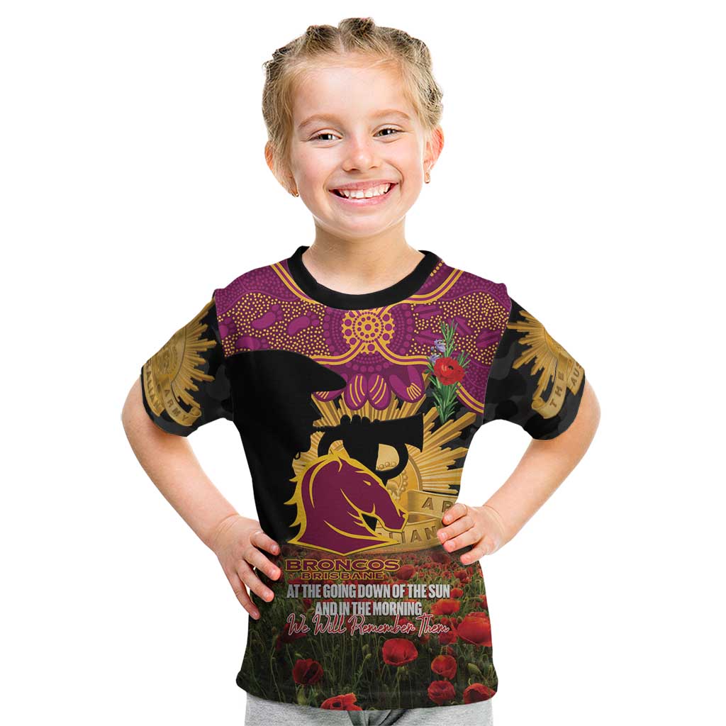 Personalised Brisbane Broncos Rugby ANZAC Day Kid T Shirt Last Post Poppy We Will Remember Them