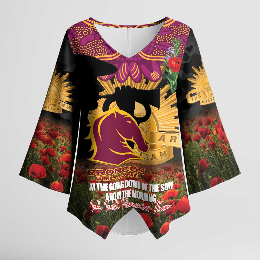Personalised Brisbane Broncos Rugby ANZAC Day Kimono Sleeve Blouse Last Post Poppy We Will Remember Them