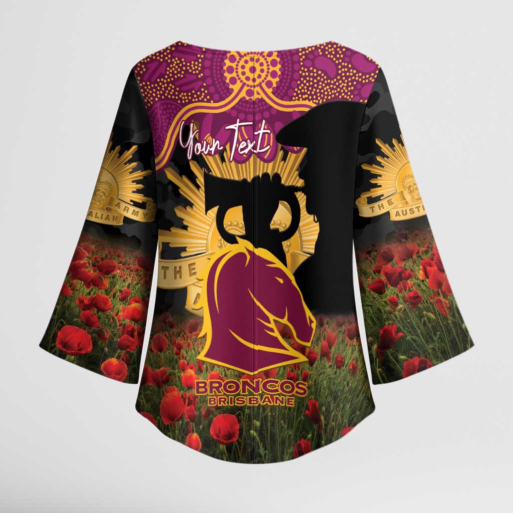 Personalised Brisbane Broncos Rugby ANZAC Day Kimono Sleeve Blouse Last Post Poppy We Will Remember Them