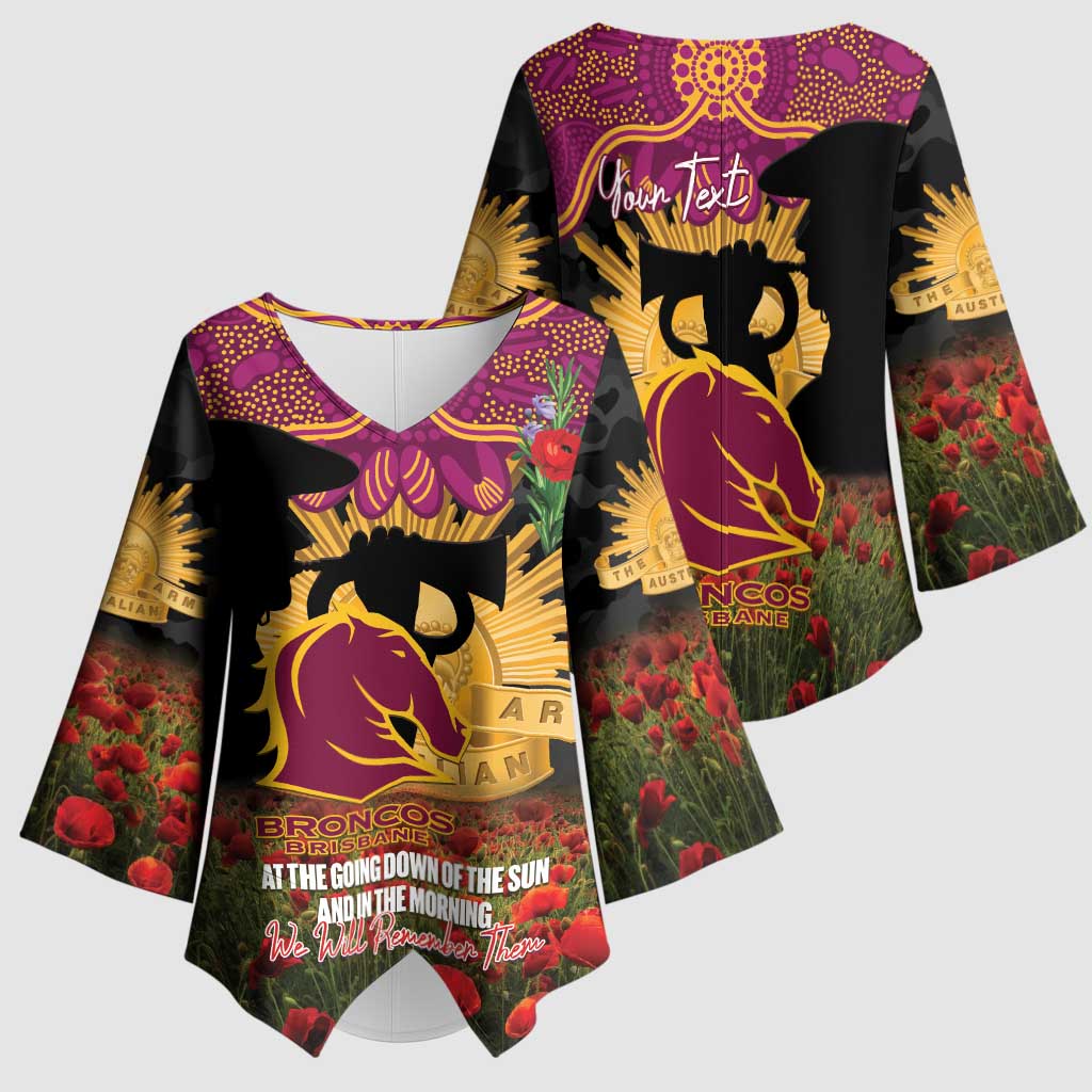 Personalised Brisbane Broncos Rugby ANZAC Day Kimono Sleeve Blouse Last Post Poppy We Will Remember Them