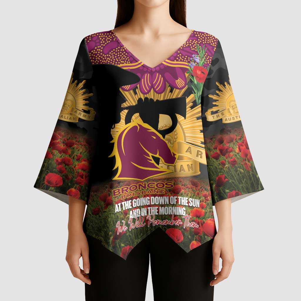 Personalised Brisbane Broncos Rugby ANZAC Day Kimono Sleeve Blouse Last Post Poppy We Will Remember Them