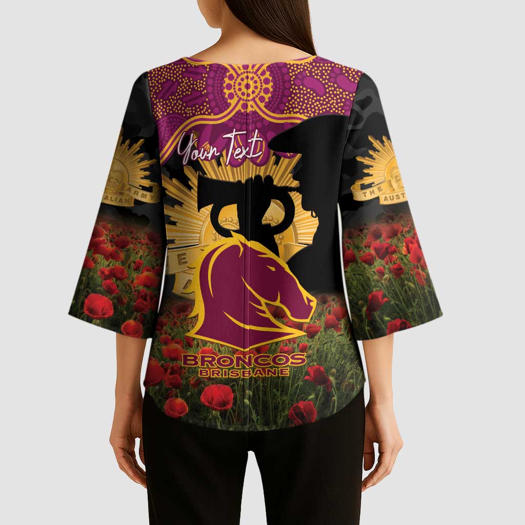 Personalised Brisbane Broncos Rugby ANZAC Day Kimono Sleeve Blouse Last Post Poppy We Will Remember Them