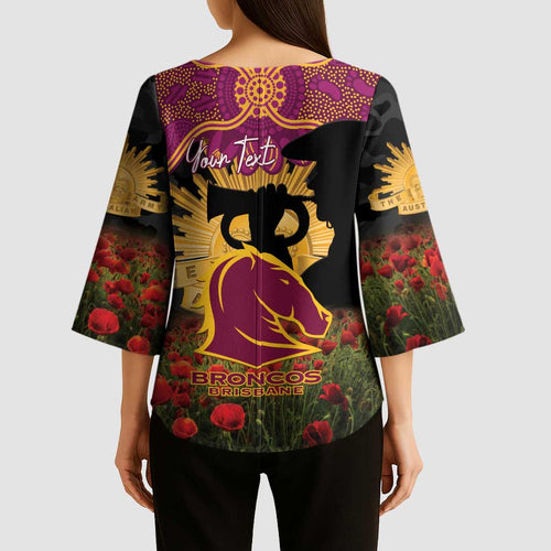 Personalised Brisbane Broncos Rugby ANZAC Day Kimono Sleeve Blouse Last Post Poppy We Will Remember Them