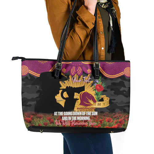 Personalised Brisbane Broncos Rugby ANZAC Day Leather Tote Bag Last Post Poppy We Will Remember Them