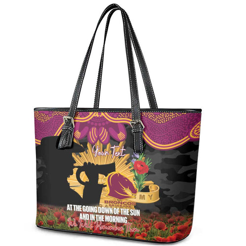 Personalised Brisbane Broncos Rugby ANZAC Day Leather Tote Bag Last Post Poppy We Will Remember Them