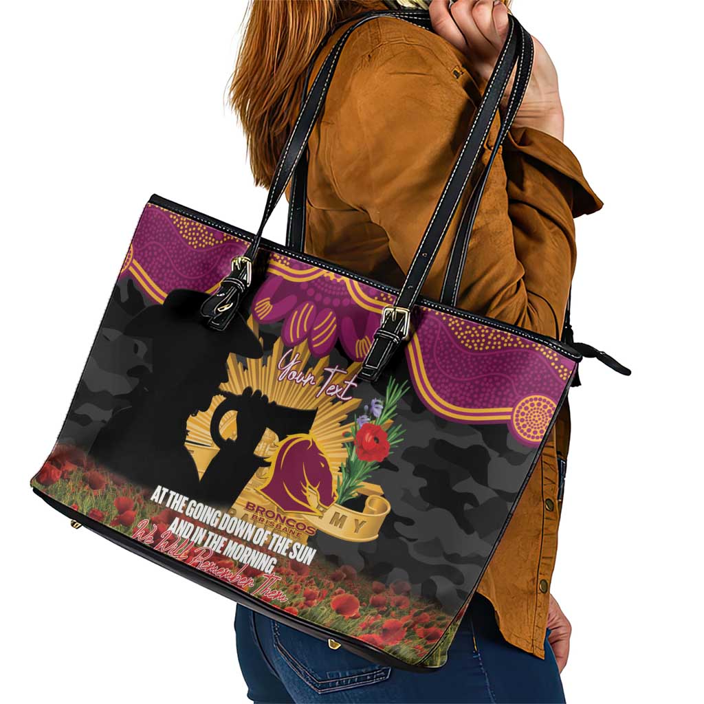 Personalised Brisbane Broncos Rugby ANZAC Day Leather Tote Bag Last Post Poppy We Will Remember Them