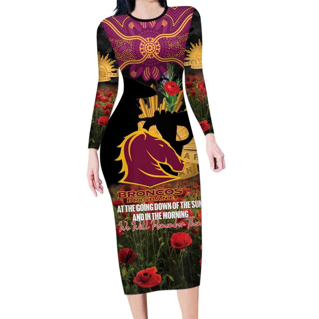 Personalised Brisbane Broncos Rugby ANZAC Day Long Sleeve Bodycon Dress Last Post Poppy We Will Remember Them