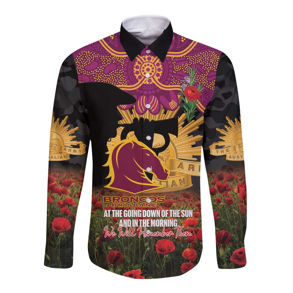 Personalised Brisbane Broncos Rugby ANZAC Day Long Sleeve Button Shirt Last Post Poppy We Will Remember Them