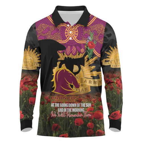 Personalised Brisbane Broncos Rugby ANZAC Day Long Sleeve Polo Shirt Last Post Poppy We Will Remember Them