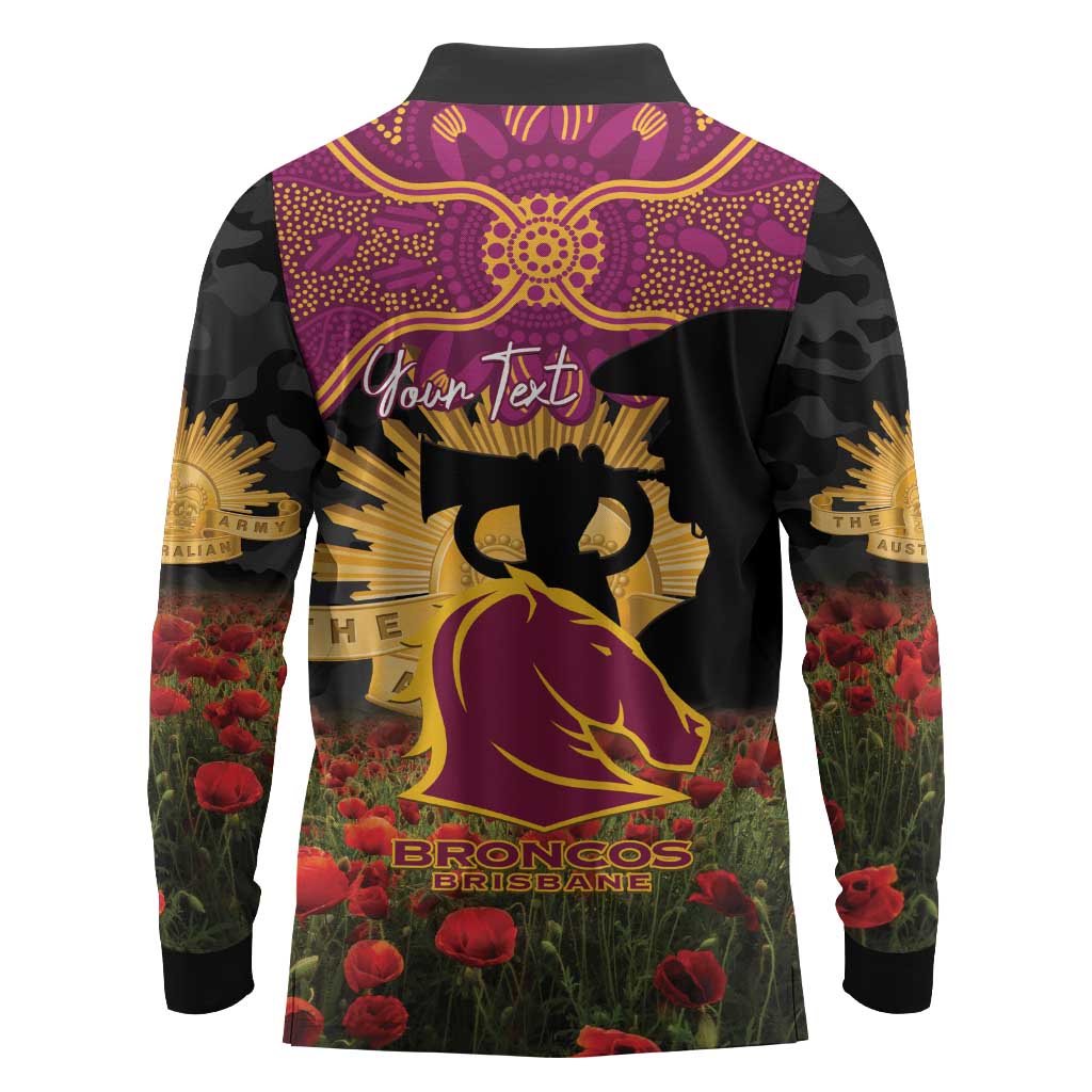 Personalised Brisbane Broncos Rugby ANZAC Day Long Sleeve Polo Shirt Last Post Poppy We Will Remember Them