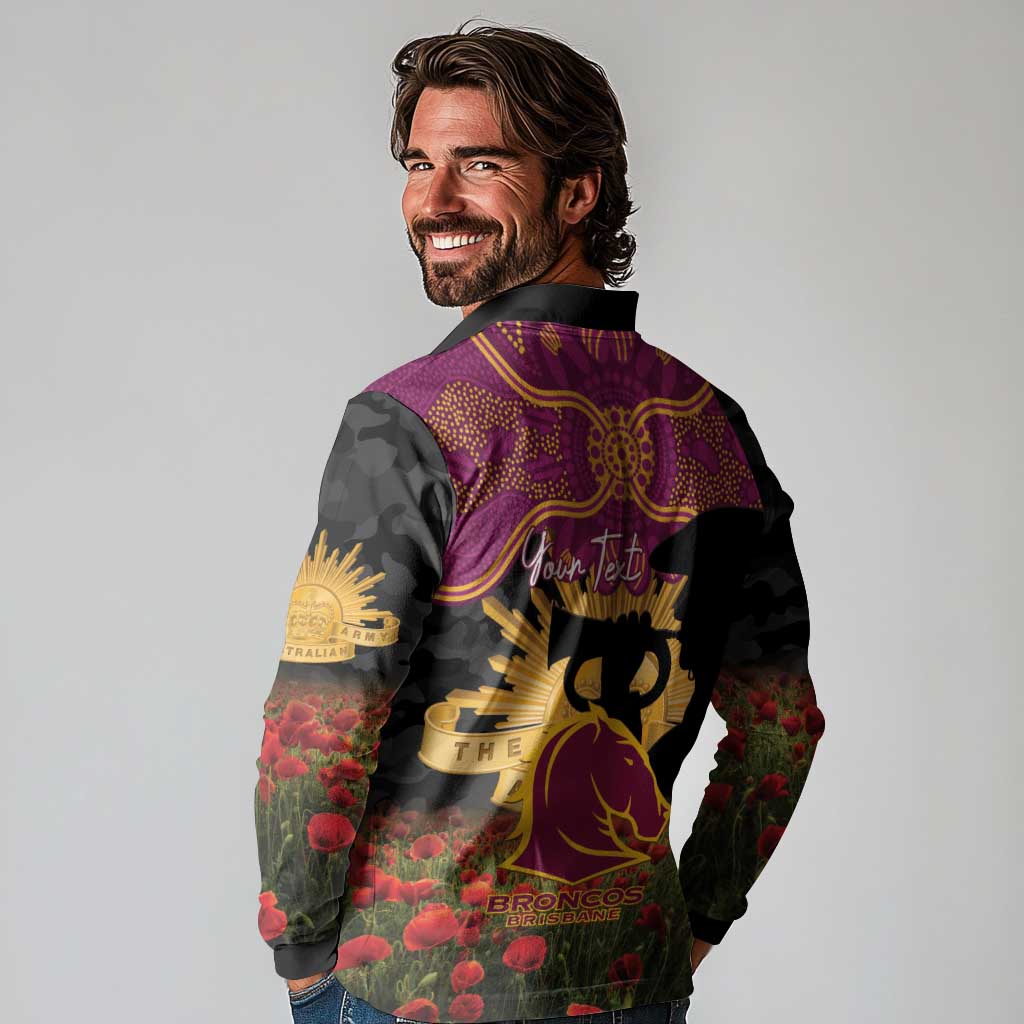 Personalised Brisbane Broncos Rugby ANZAC Day Long Sleeve Polo Shirt Last Post Poppy We Will Remember Them