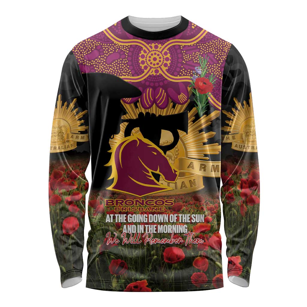Personalised Brisbane Broncos Rugby ANZAC Day Long Sleeve Shirt Last Post Poppy We Will Remember Them