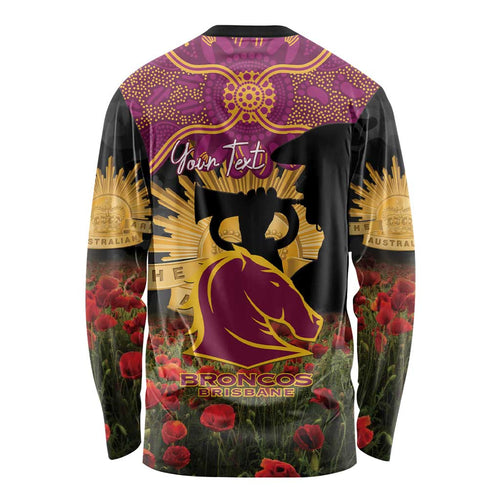 Personalised Brisbane Broncos Rugby ANZAC Day Long Sleeve Shirt Last Post Poppy We Will Remember Them