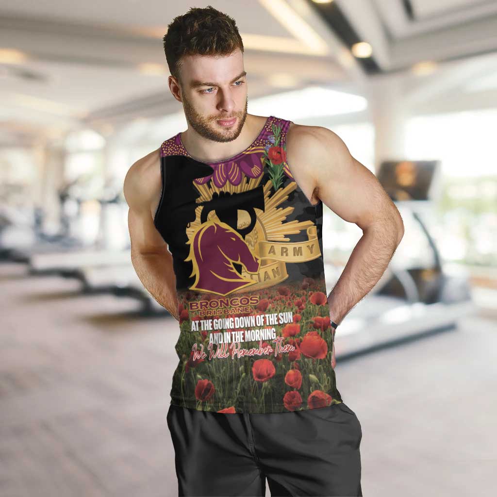 Personalised Brisbane Broncos Rugby ANZAC Day Men Tank Top Last Post Poppy We Will Remember Them