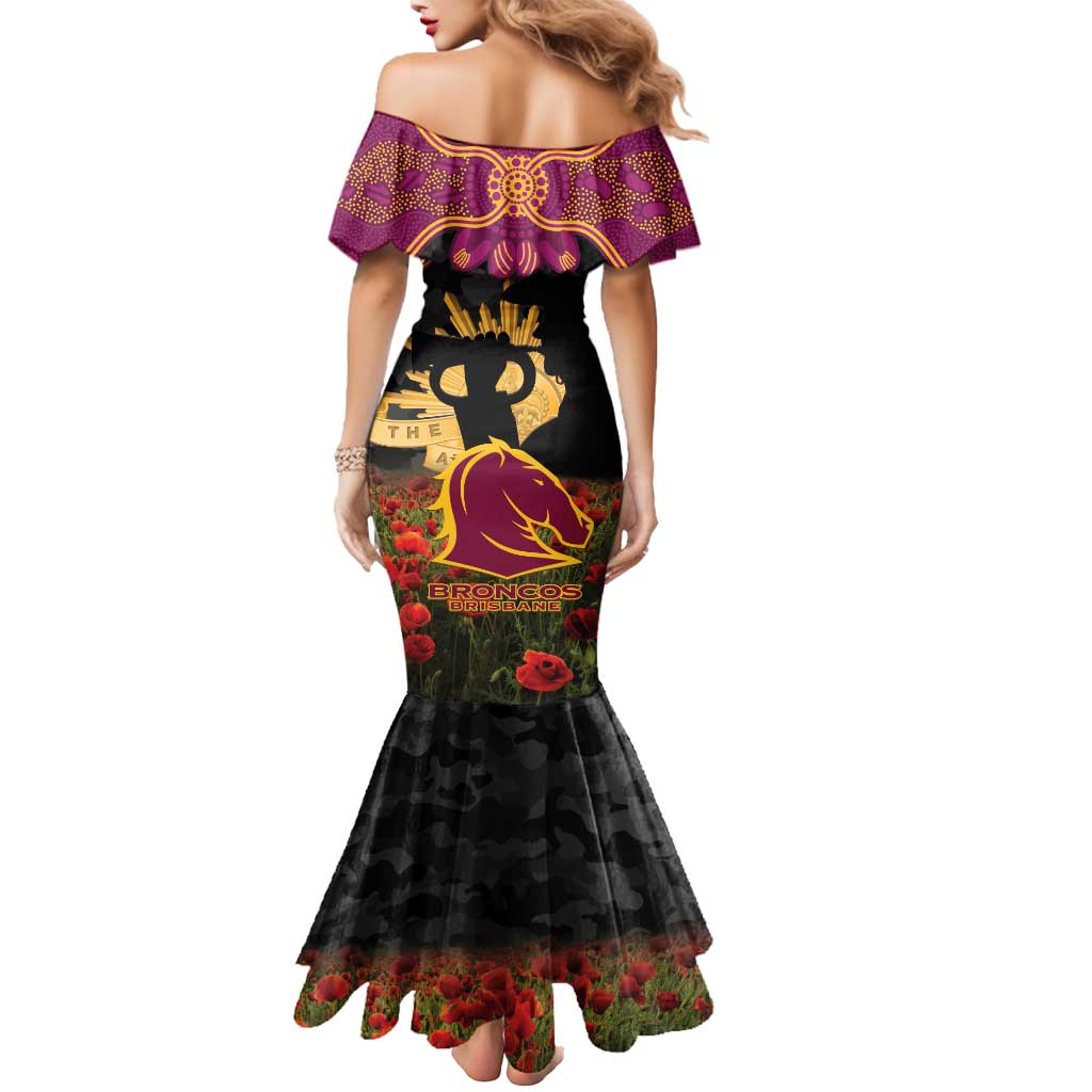 Personalised Brisbane Broncos Rugby ANZAC Day Mermaid Dress Last Post Poppy We Will Remember Them
