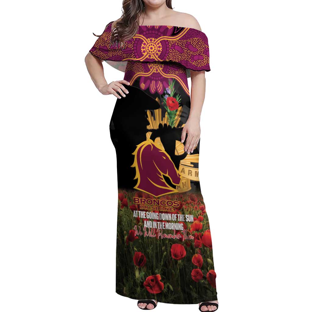 Personalised Brisbane Broncos Rugby ANZAC Day Off Shoulder Maxi Dress Last Post Poppy We Will Remember Them