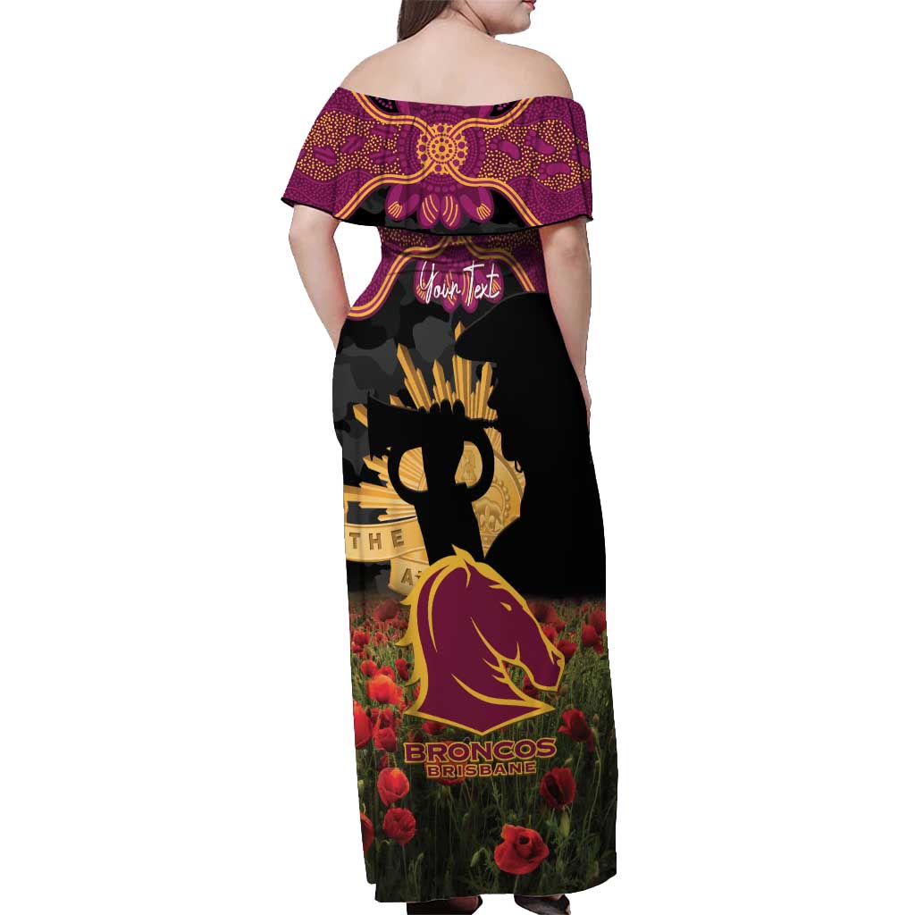 Personalised Brisbane Broncos Rugby ANZAC Day Off Shoulder Maxi Dress Last Post Poppy We Will Remember Them