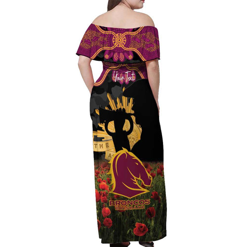 Personalised Brisbane Broncos Rugby ANZAC Day Off Shoulder Maxi Dress Last Post Poppy We Will Remember Them
