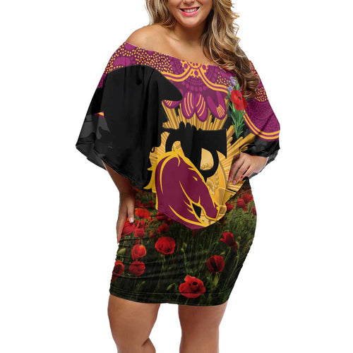 Personalised Brisbane Broncos Rugby ANZAC Day Off Shoulder Short Dress Last Post Poppy We Will Remember Them