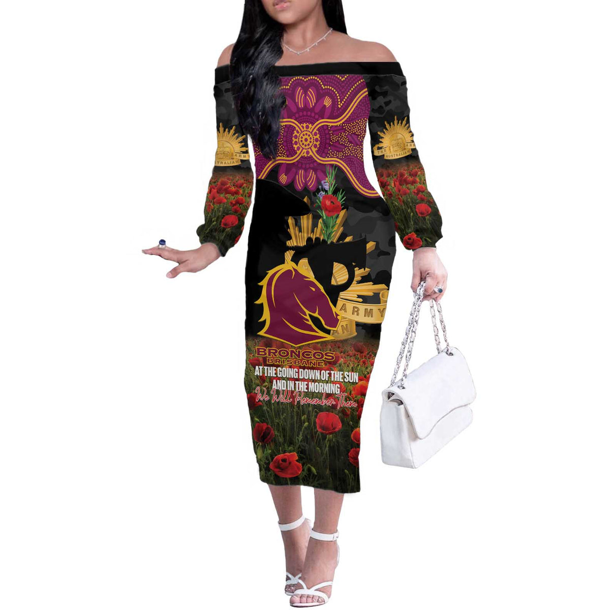 Personalised Brisbane Broncos Rugby ANZAC Day Off The Shoulder Long Sleeve Dress Last Post Poppy We Will Remember Them