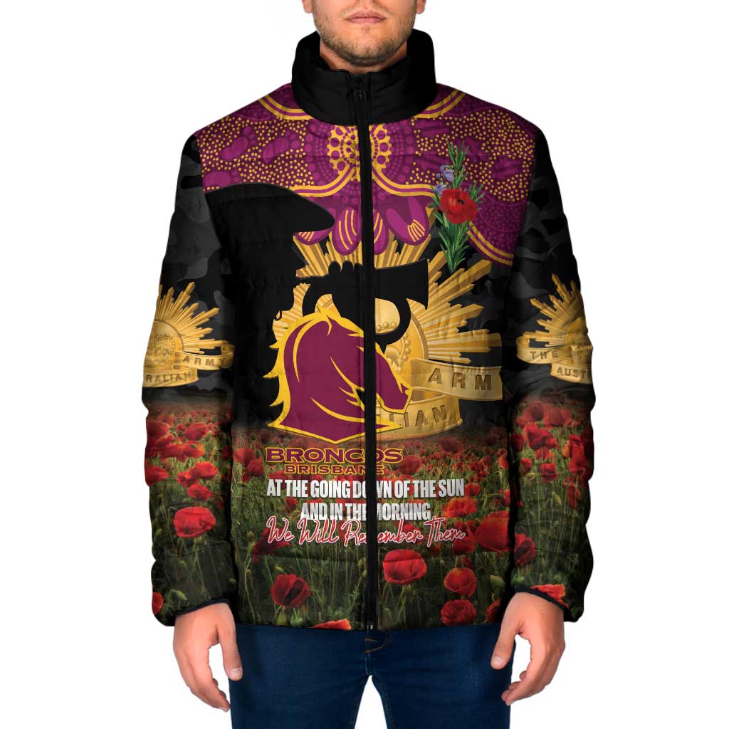 Personalised Brisbane Broncos Rugby ANZAC Day Padded Jacket Last Post Poppy We Will Remember Them