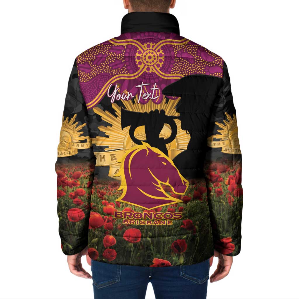 Personalised Brisbane Broncos Rugby ANZAC Day Padded Jacket Last Post Poppy We Will Remember Them