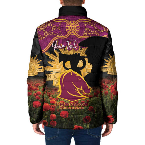 Personalised Brisbane Broncos Rugby ANZAC Day Padded Jacket Last Post Poppy We Will Remember Them