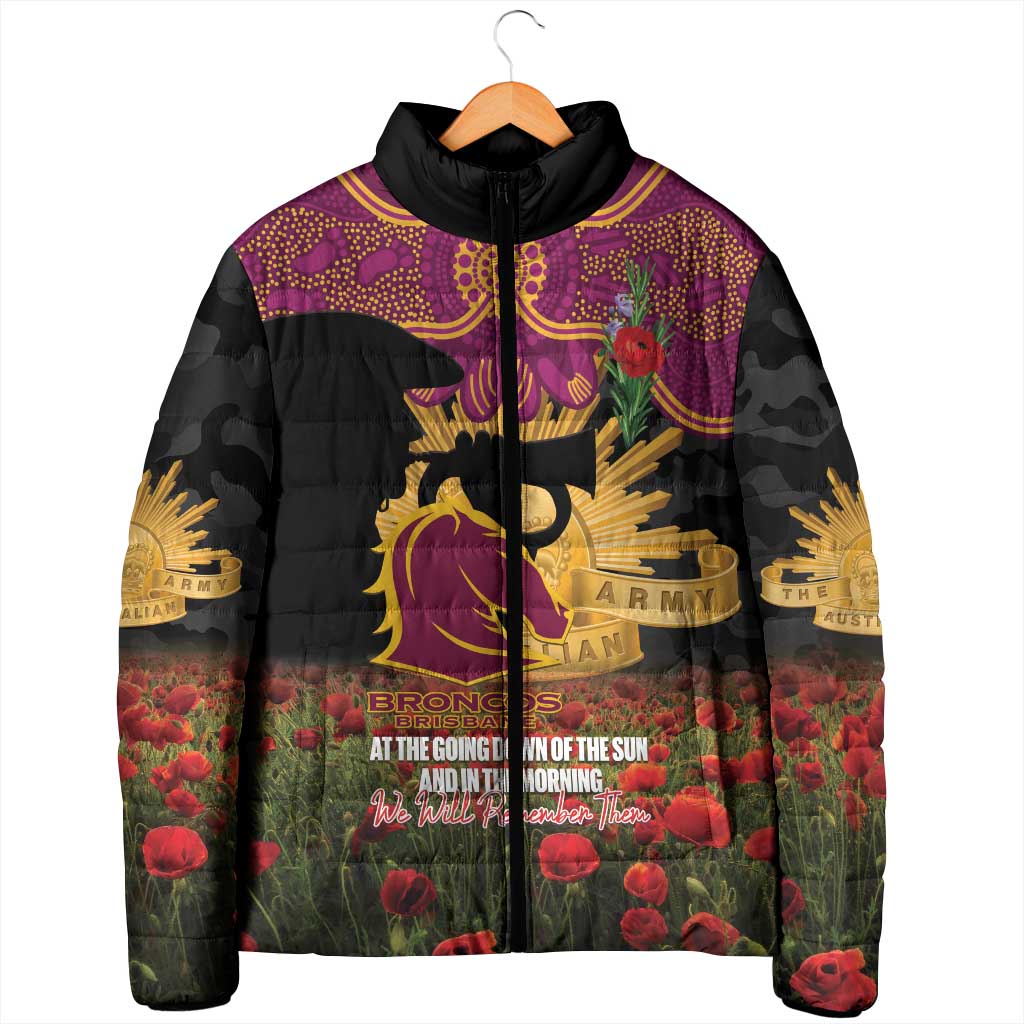 Personalised Brisbane Broncos Rugby ANZAC Day Padded Jacket Last Post Poppy We Will Remember Them