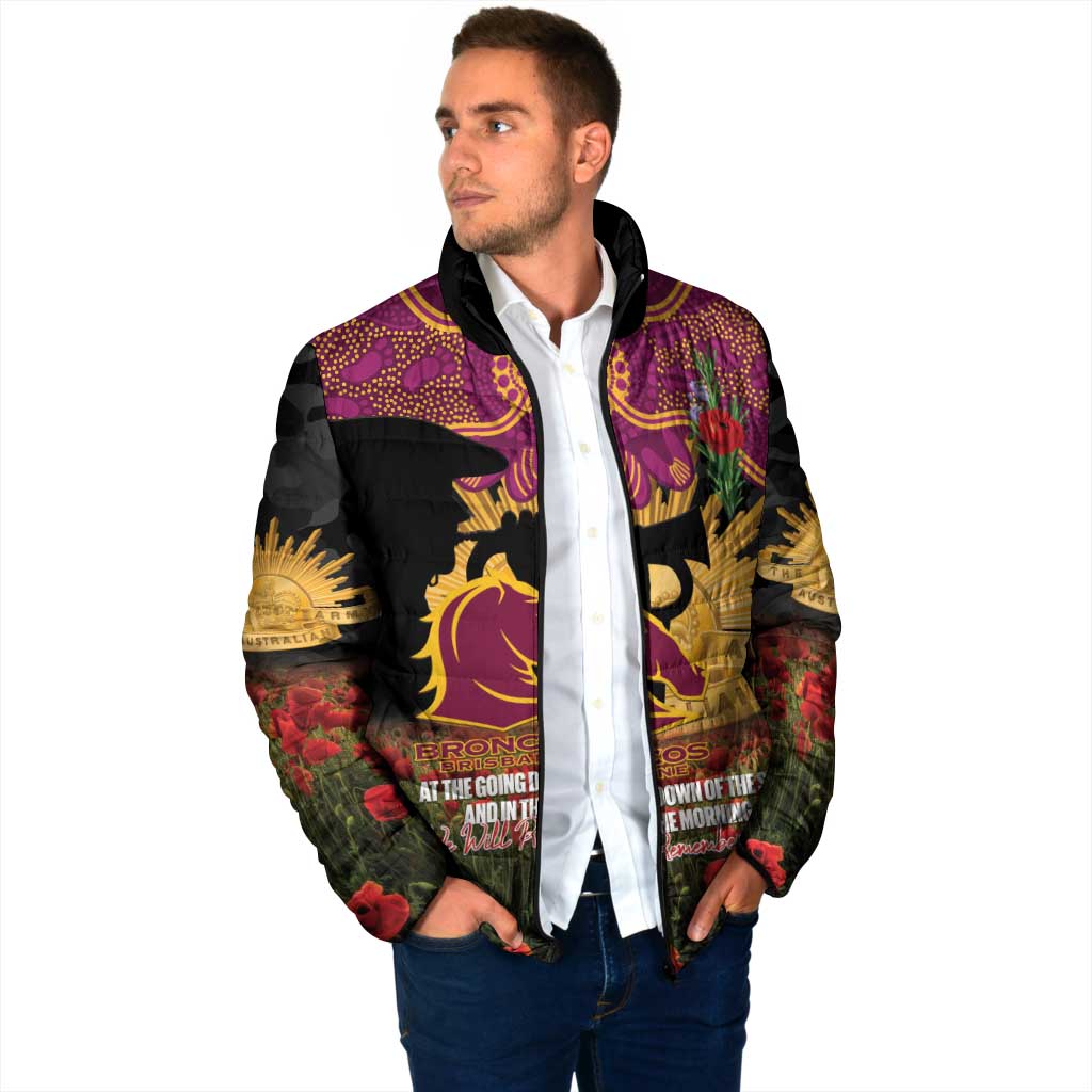 Personalised Brisbane Broncos Rugby ANZAC Day Padded Jacket Last Post Poppy We Will Remember Them
