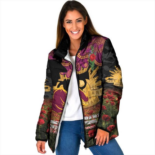 Personalised Brisbane Broncos Rugby ANZAC Day Padded Jacket Last Post Poppy We Will Remember Them