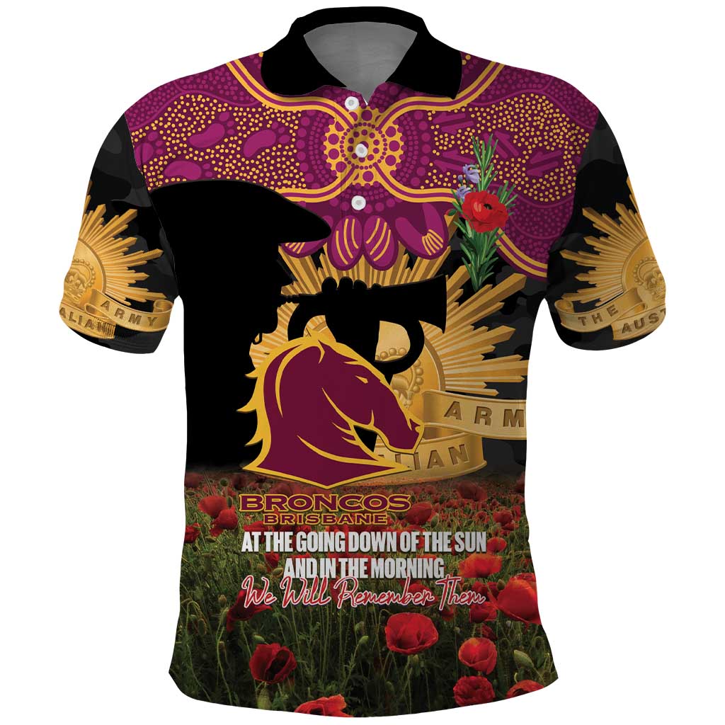 Personalised Brisbane Broncos Rugby ANZAC Day Polo Shirt Last Post Poppy We Will Remember Them