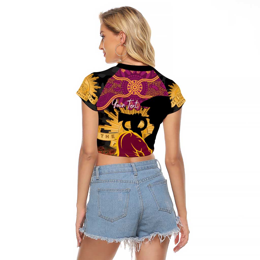 Personalised Brisbane Broncos Rugby ANZAC Day Raglan Cropped T Shirt Last Post Poppy We Will Remember Them