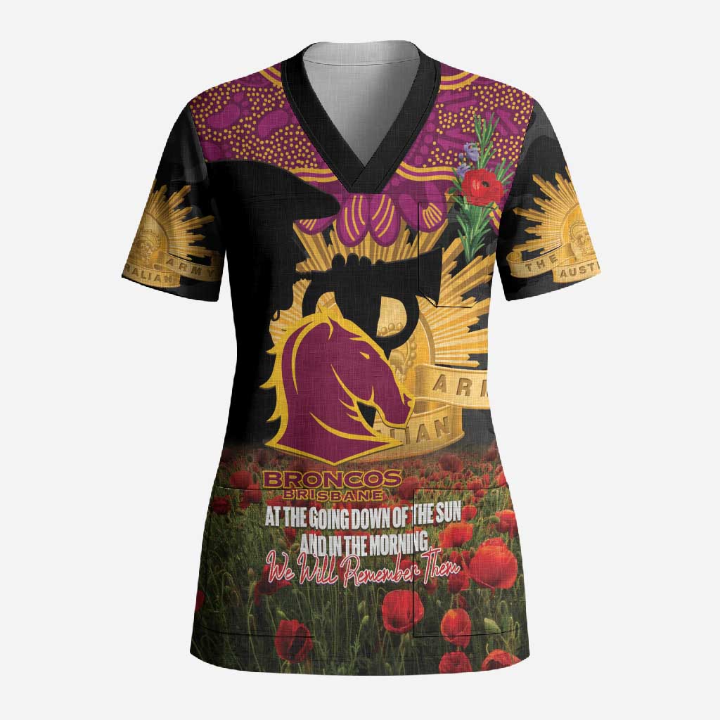 Personalised Brisbane Broncos Rugby ANZAC Day Scrub Top Last Post Poppy We Will Remember Them