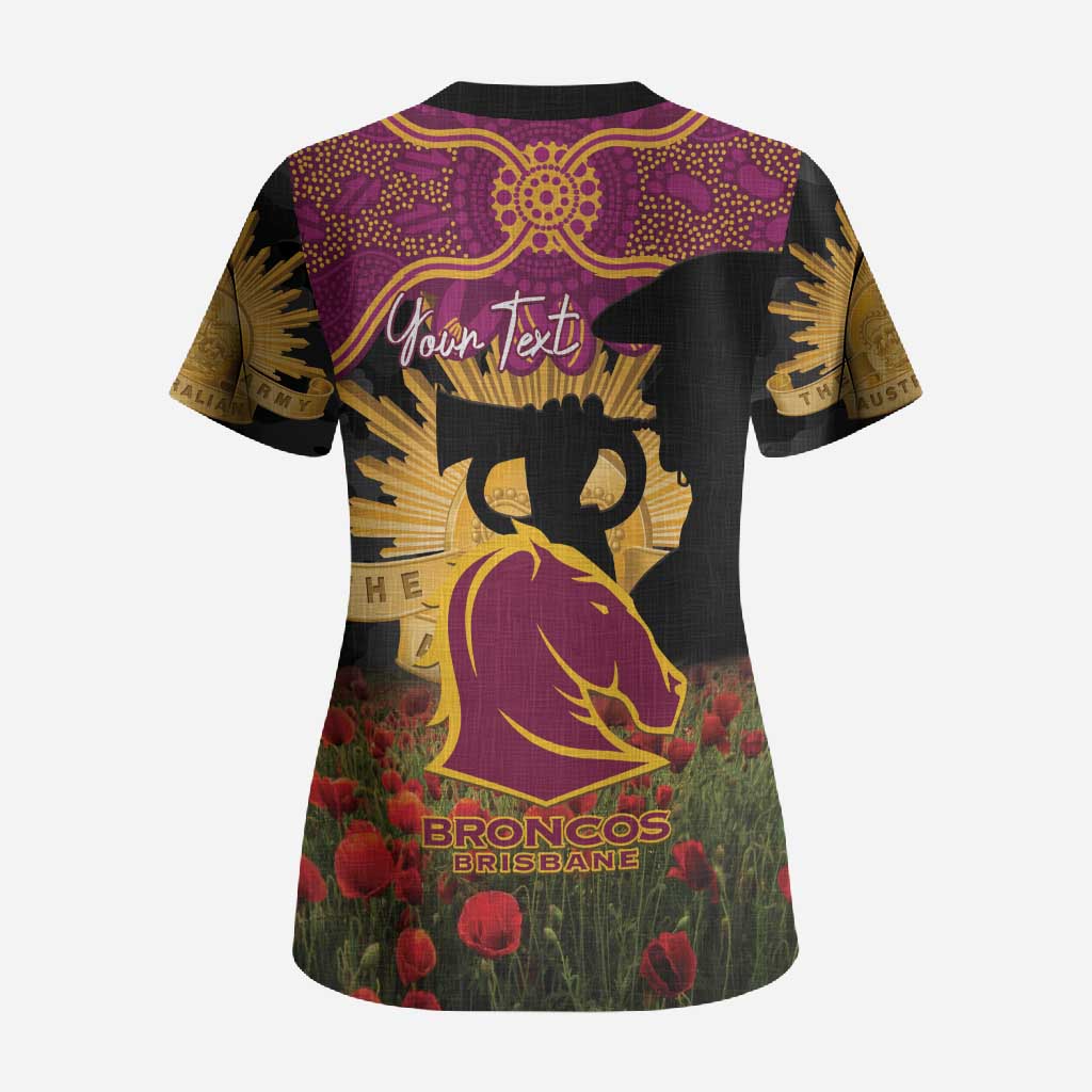 Personalised Brisbane Broncos Rugby ANZAC Day Scrub Top Last Post Poppy We Will Remember Them